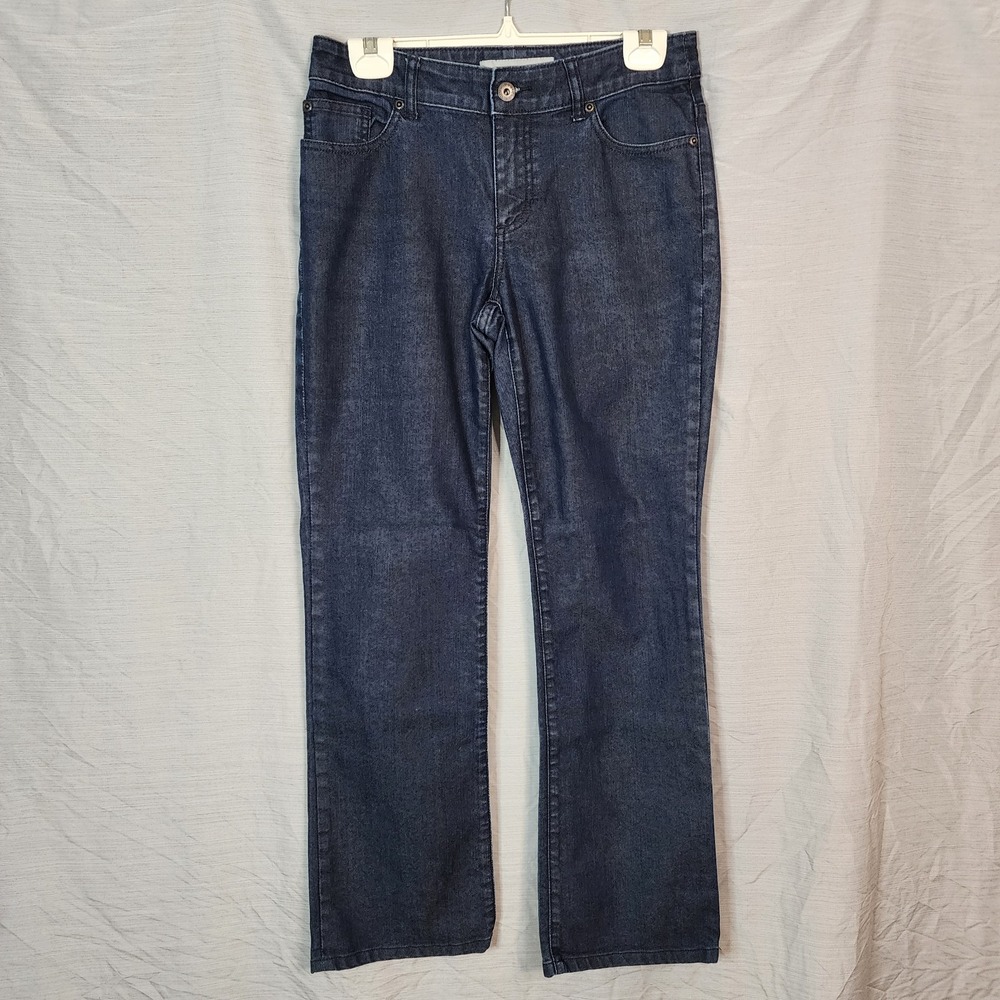 CHICO'S Size 00 (US 4/6) Platinum Denim Dark Wash Boot Leg Blue Jeans Modern Mom